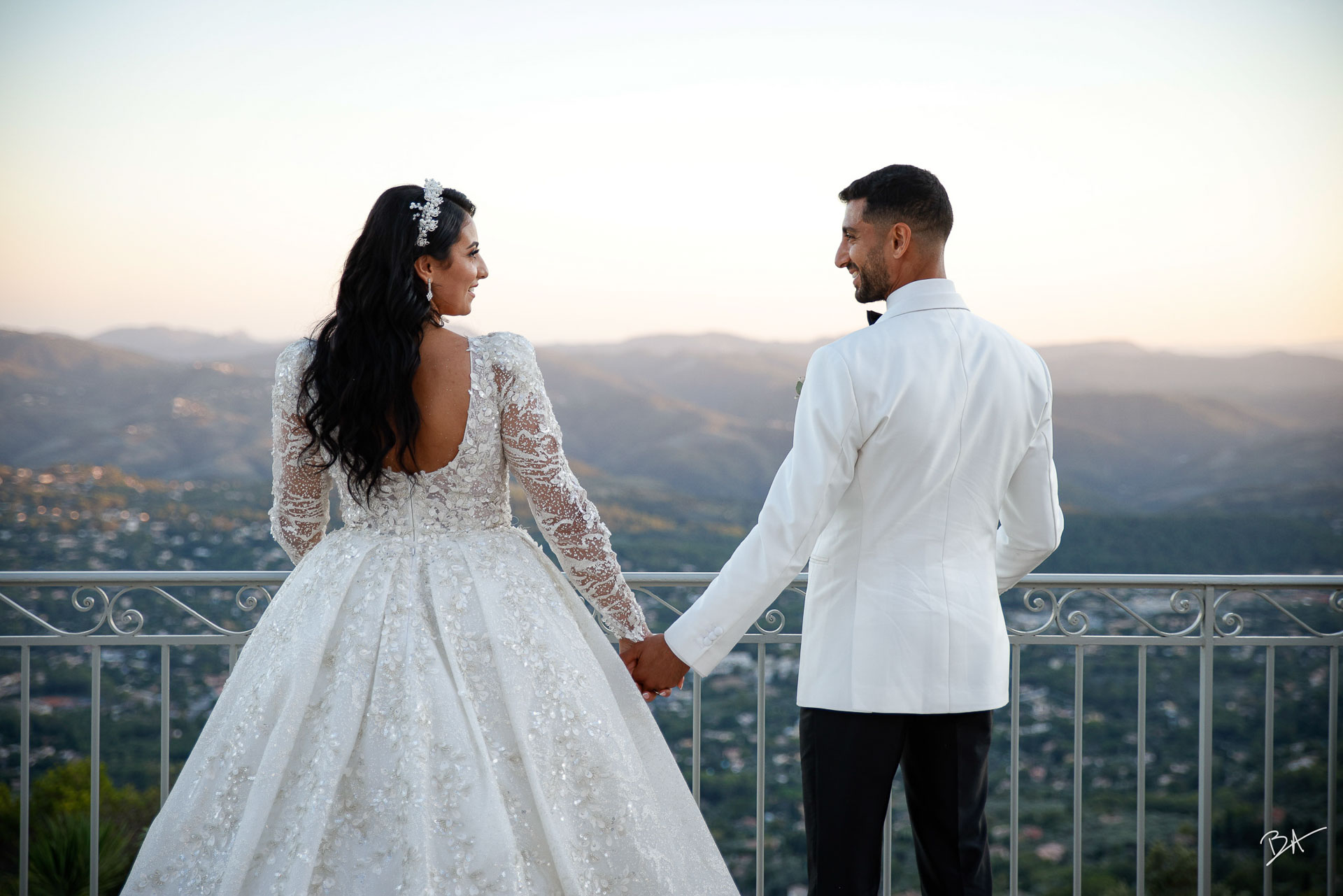 Golden hour couple portrait overlooking the Riviera